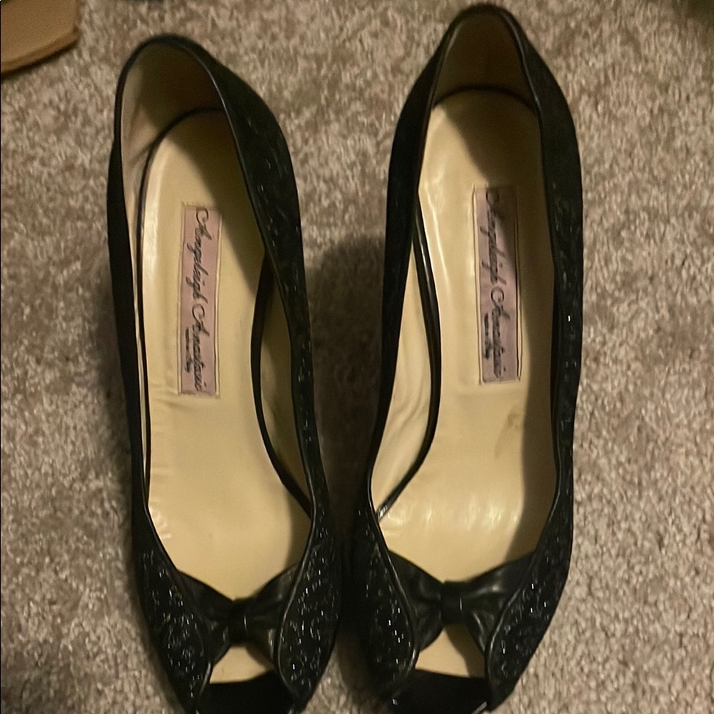 Black Textured Peep-Toe Heels